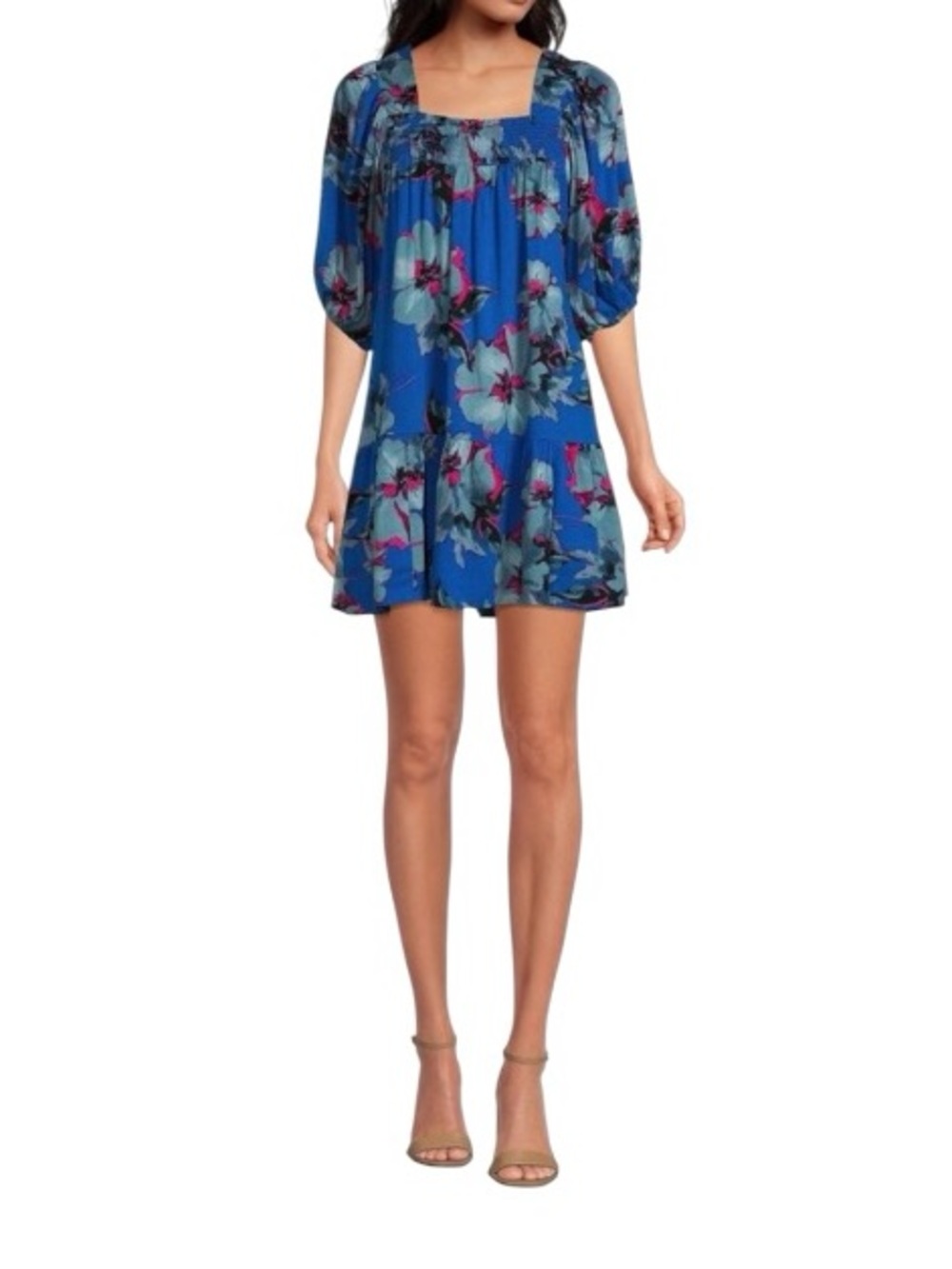 Free People Band of the Free Floral Smocked Mini Dress Puff Sleeve Cobalt XS